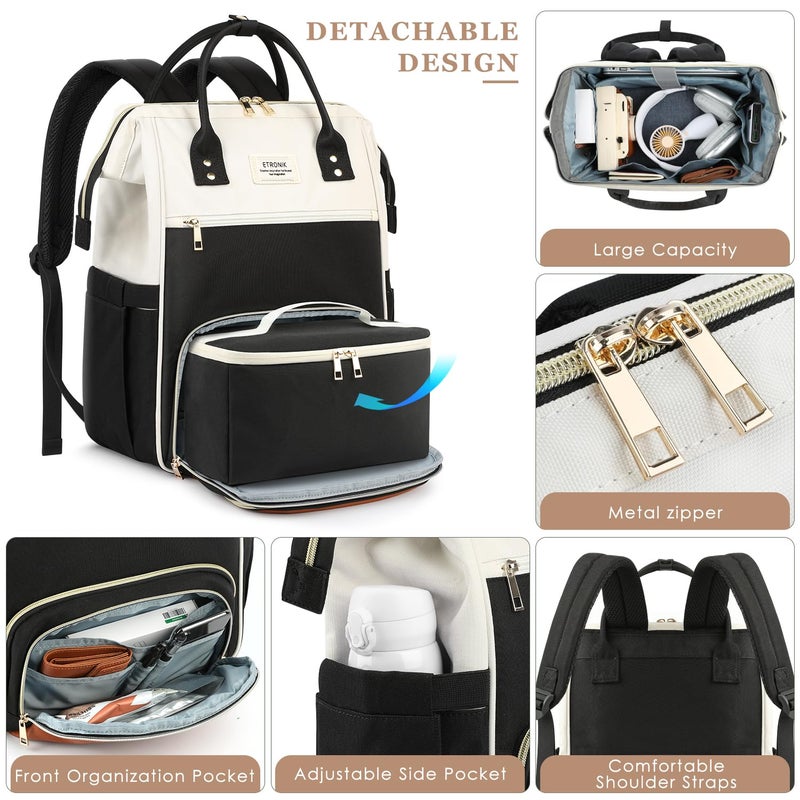 ETRONIK Lunch Backpack  17.3 Inch Laptop Backpack with USB Port  Stylish Nurse  Teacher Work Bag with Insulated Cooler Lunch Box for Women Men/Travel  Black-Beige-Brown - Image 2
